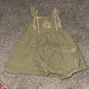 Rabbit + Bear Green Embroidered Baby Dress with Bloomers